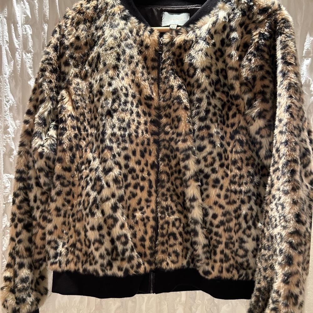 Anthropologie Skies Are Blu Animal Print Faux Fur Bomber Jacket Size Large